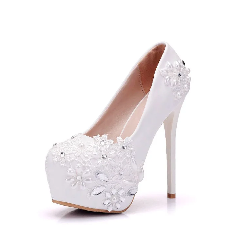 Affordable Rhinestone Pumps for a Dazzling Look---Sparkly Rhinestone Petal Embellished High Heel Platform Pumps - White