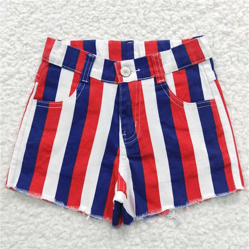 Women's denim shorts wash light denim-SS0082 4th of July stripe denim shorts