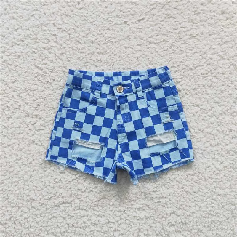 Women's denim shorts with curved seams :SS0093 Blue plaid ripped denim shorts for baby girls&boys clothes Women's denim shorts with curved seams :SS0093 Blue plaid ripped denim shorts for baby girls&boys clothes