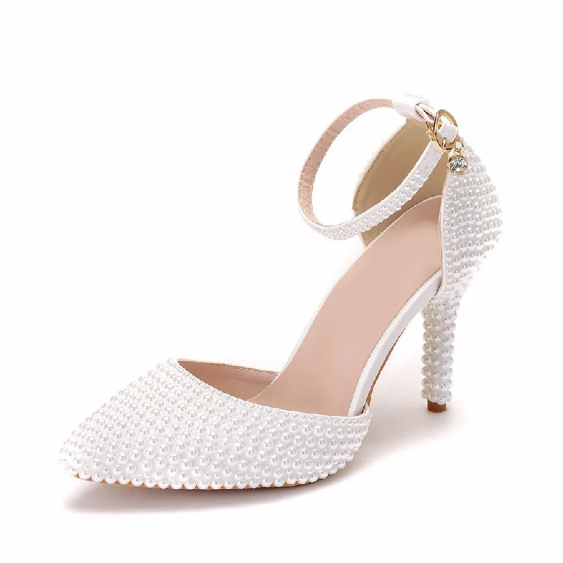 Stylish Ankle Strap Heels for Women--Sweet Pearl Embellished Pointed Toe Ankle Strap Stiletto Pumps - White