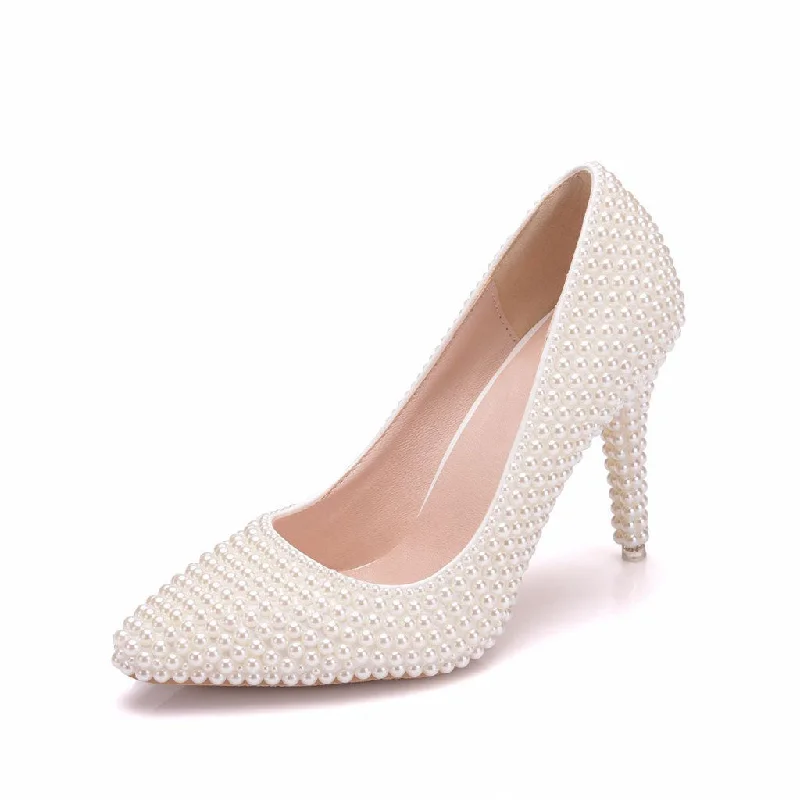 Stiletto Heel Pumps with Perfect Fit--Sweet Pearl Embellished Pointed Toe High Heel Pumps - Beige-Fashionable & Classic