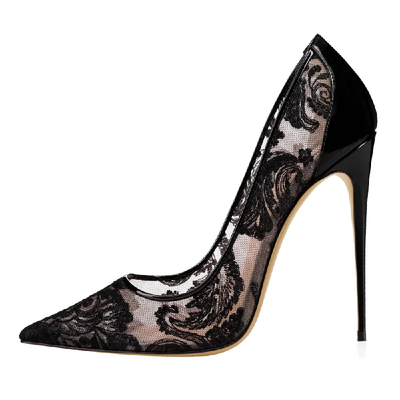 Stiletto Heel Pumps with Perfect Fit--Black Women Wedding Shoes Lace Hollow Out High Heel Stiletto-Fashionable & Classic