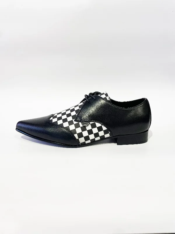 PAUL WINKLEPICKER BLACK/WHITE CHECKER LEATHER SHOES---Comfortable Leather Pumps for Office and Everyday Wear