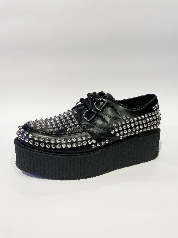 WULFRUN BLACK LEATHER STUDDED CREEPERS SHOE---Comfortable Leather Pumps for Office and Everyday Wear