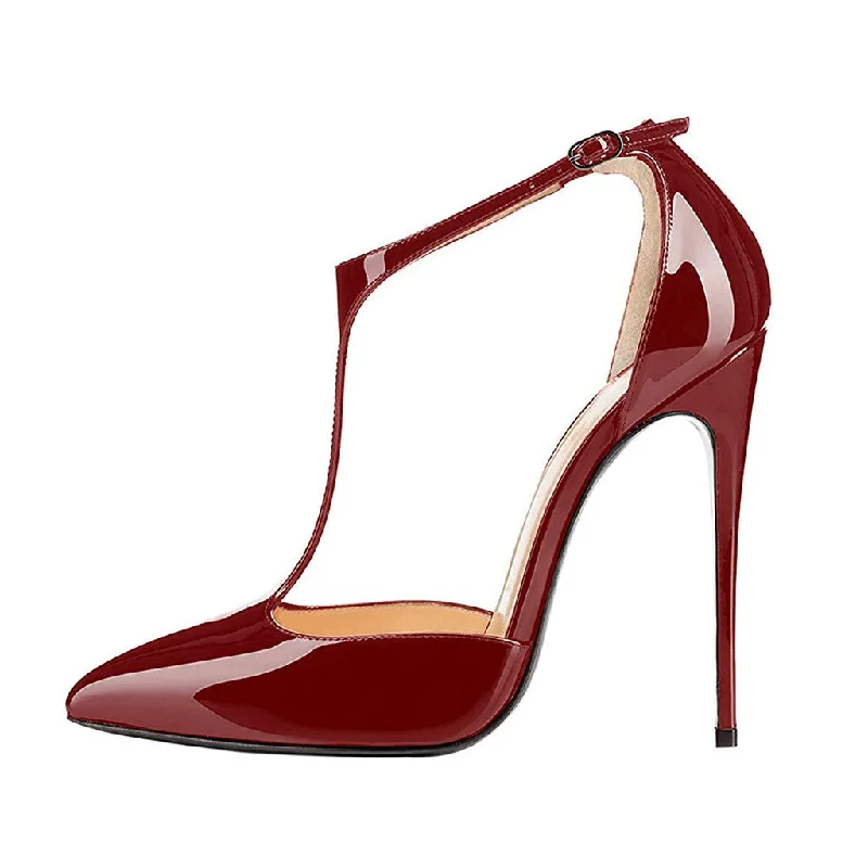 Sleek and Shiny Patent Pump Heels for a Polished Look--Vintage Patent Leather Pointed Toe T Strap Stiletto Pumps - Burgundy