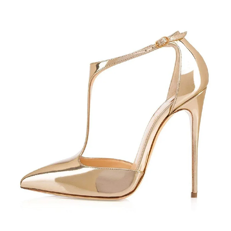 Sleek and Shiny Patent Pump Heels for a Polished Look--Vintage Patent Leather Pointed Toe T Strap Stiletto Pumps - Gold