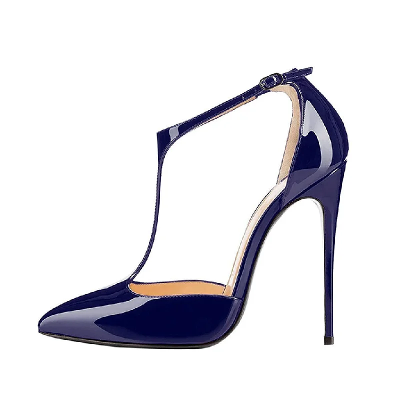 Sleek and Shiny Patent Pump Heels for a Polished Look--Vintage Patent Leather Pointed Toe T Strap Stiletto Pumps - Navy Blue