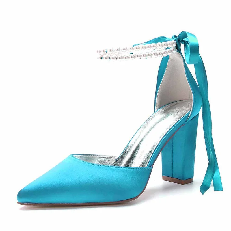 Stylish Ankle Strap Heels for Women--Wedding Pumps Block Heel Ankle Strap Stilettos Satin Colorful Prom Shoes