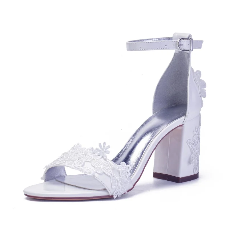 Stylish Lace Pumps for a Chic Look--White high-heeled Lace pumps thin Straps elegant wedding party heels