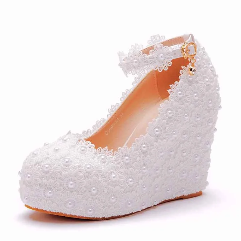 Stylish Platform Heels for Extra Height--White Lace Wedding Shoes Wedges Heels Platform Wedges Pumps For Bridal