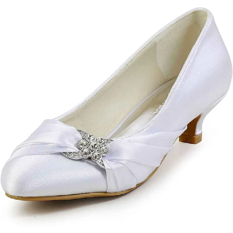 Women Closed Toe Comfort Heel Rhinestone Satin Wedding Bridal Shoes