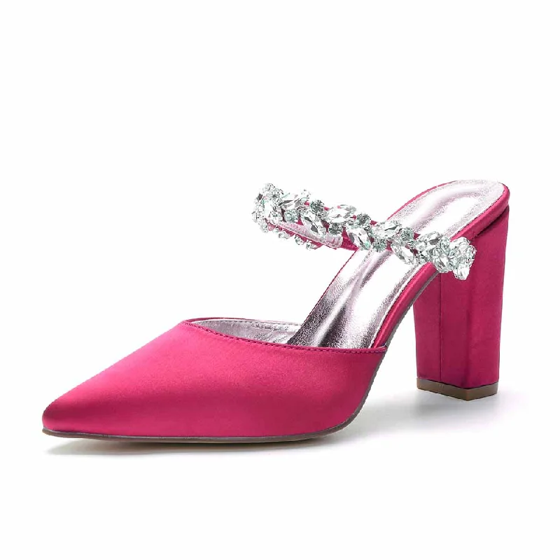 Women hand-made Rhinestone chunky heels party satin slippersAffordable Satin Heels with a Luxe Touch