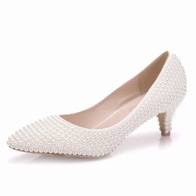 Women Pumps Thin Heels Pointed Toe Shoes Pearls Wedding Bridal Princess Shoes