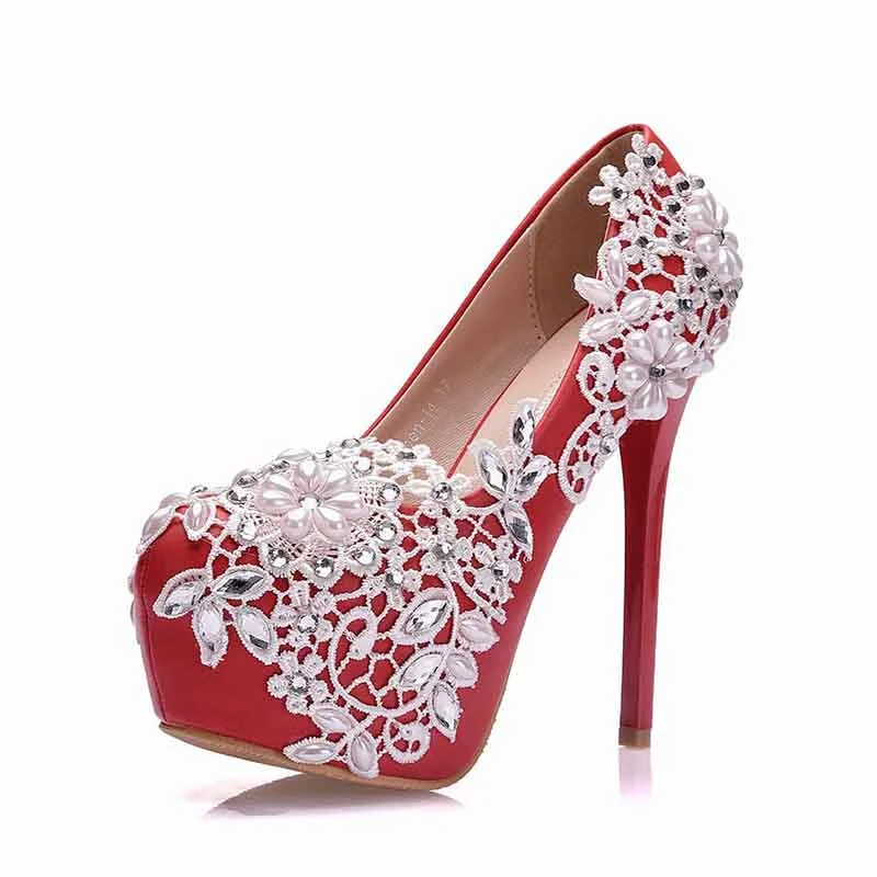 Women Round Toe Lace Wedding Heels Platform Bridal Pump