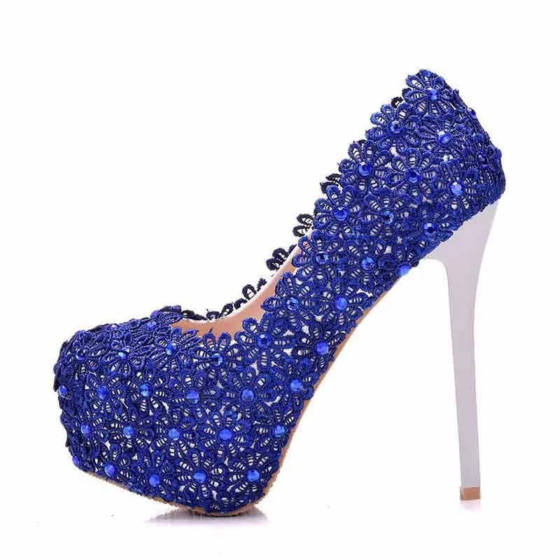 Women Royal Blue Platform Pumps Wedding Shoes for Bridal with Lace