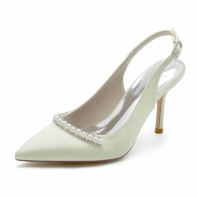 Womens Slingback Heels Bridal Party Pumps with Pearl Formal Shoes