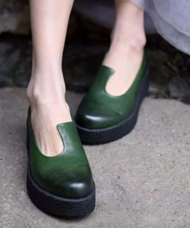 Women Splicing Platform Heels Blackish Green Cowhide Leather---Comfortable Leather Pumps for Office and Everyday Wear