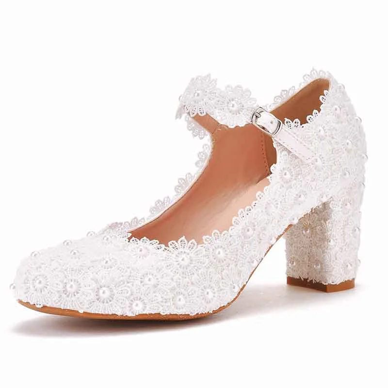 Stylish Lace Pumps for a Chic Look--Women Wedding Shoes for Bride Low Heel Closed Toe Chunky Heel Lace Pumps