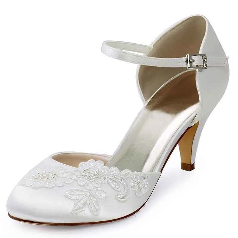 Women's Bridal Shoes Closed Toe T-Strap Low Heel Lace Satin Pumps Wedding Shoes