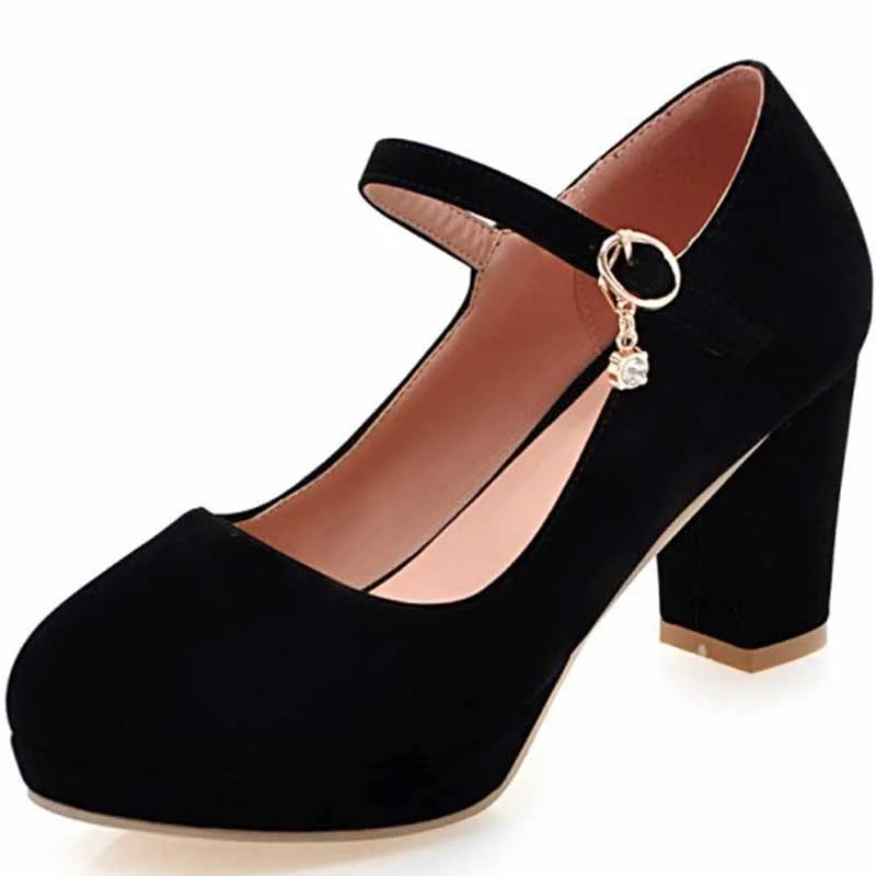 Affordable Suede Ankle Pumps for All-Day Wear--Women's buckled platform shoes suede chunky heeled shoes