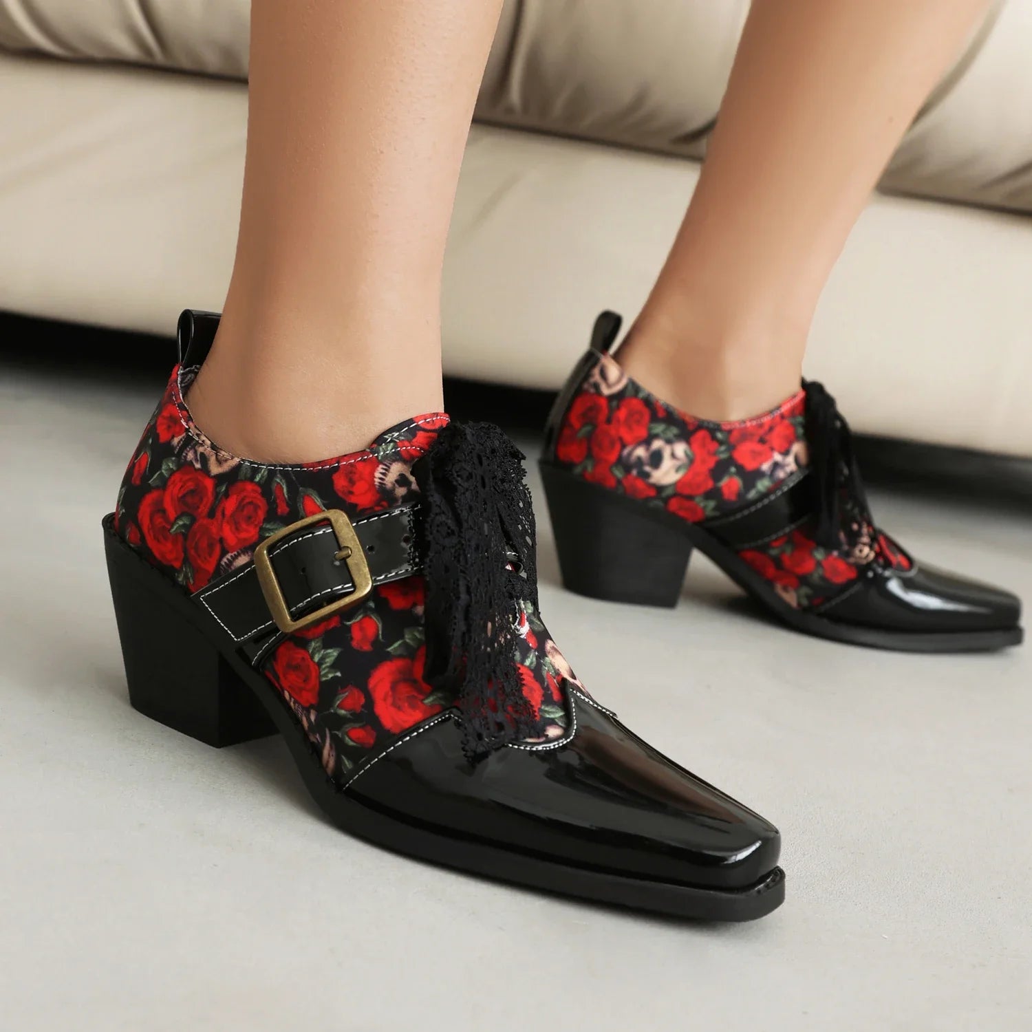 Women's Gothic Print Lace up Thick Heel Square Toe Shoes---Durable Square Toe Block Heels for Everyday Use