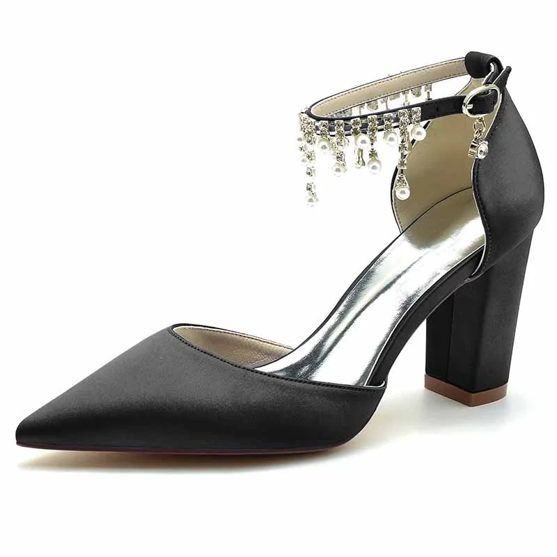 Women's Satin Closed Toe Lace-Up With Beads Chunky Heel High HeelsAffordable Satin Heels with a Luxe Touch