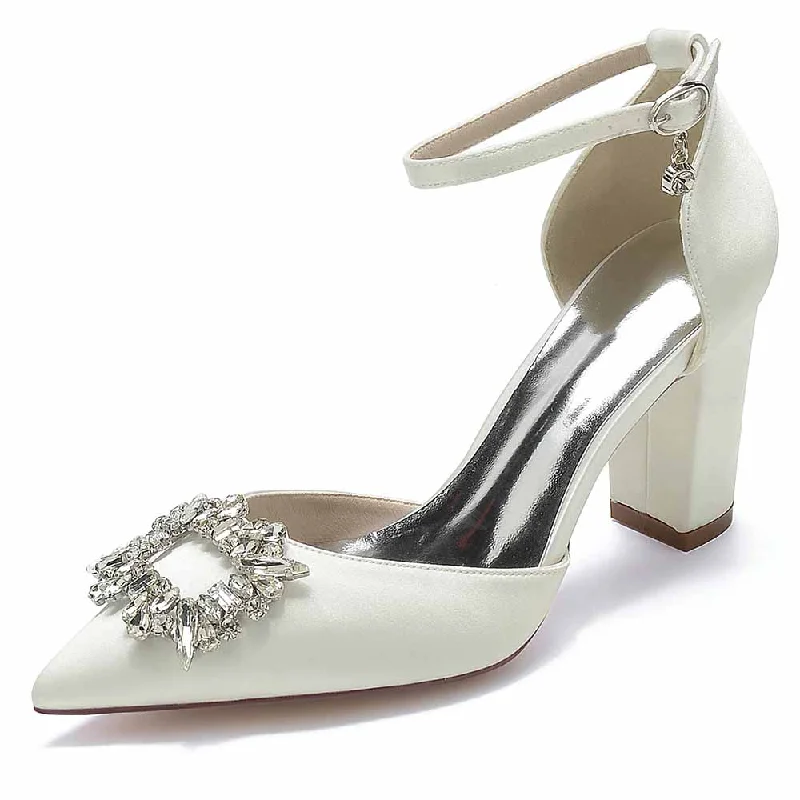 Women's Satin Closed Toe With Bead Buckle Pattern Chunky Heel High HeelsAffordable Satin Heels with a Luxe Touch