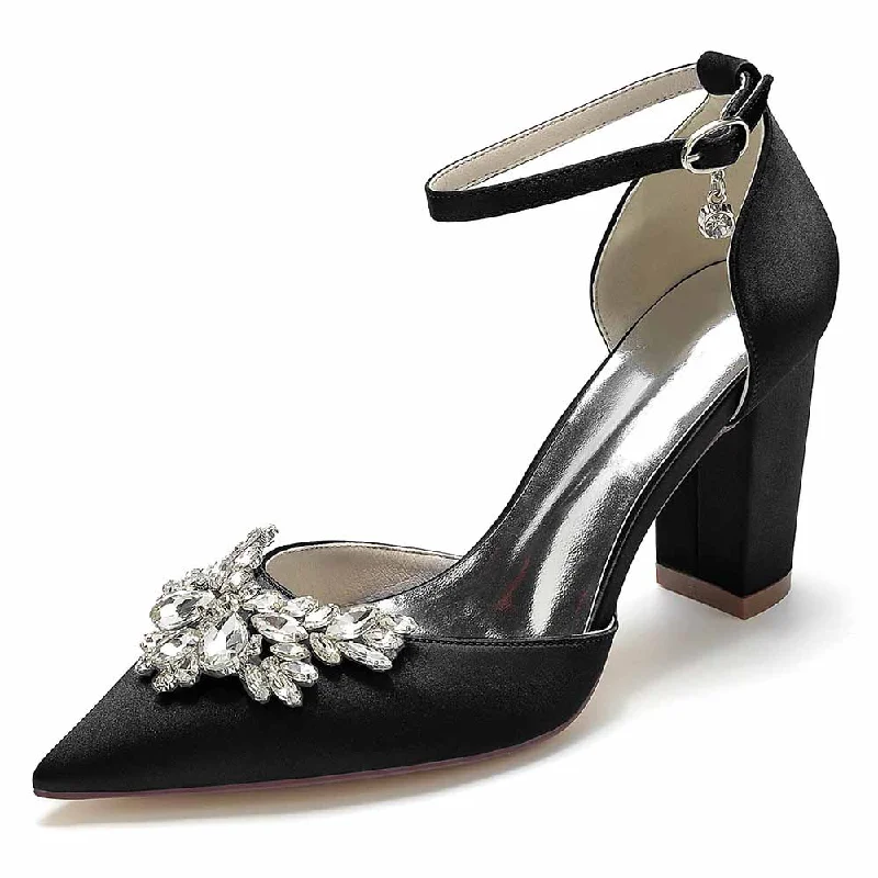 Women's Satin Closed Toe With Rhinestones Chunky Heel High HeelsAffordable Satin Heels with a Luxe Touch