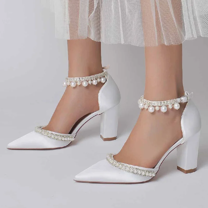 Women's Satin Closed Toe With Pearls Chunky Heel High HeelsAffordable Satin Heels with a Luxe Touch