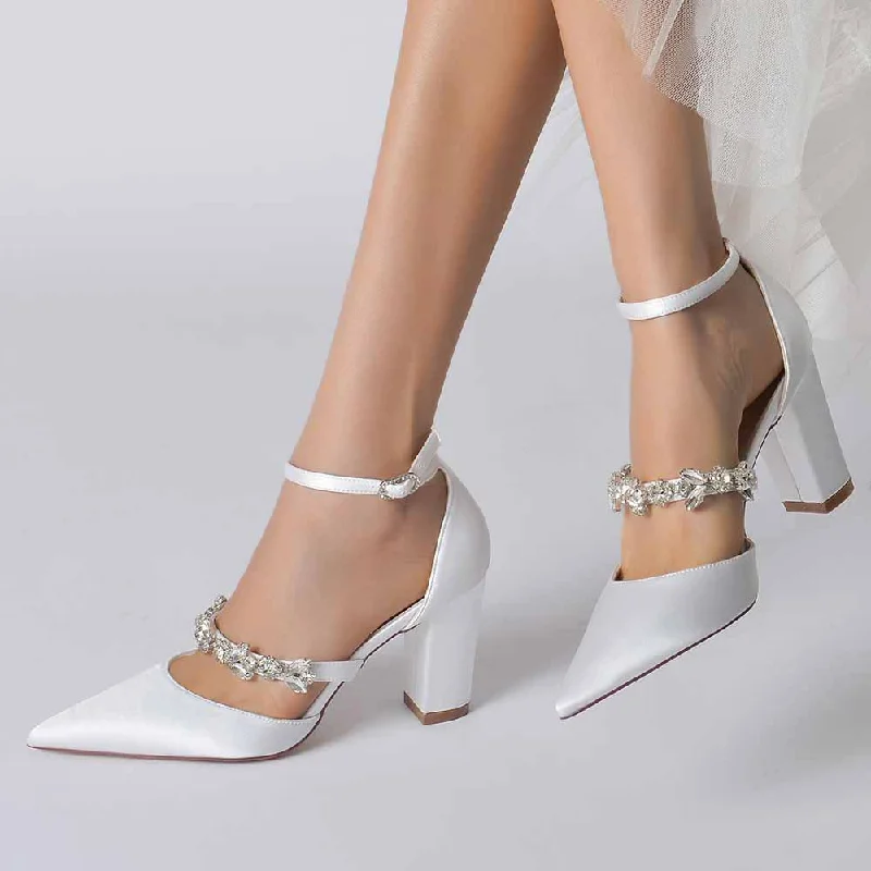 Women's Satin Closed Toe With Rhinestone Chunky Heel High HeelsAffordable Satin Heels with a Luxe Touch