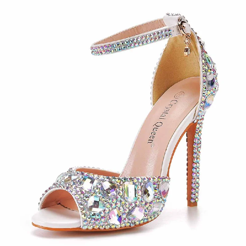 Stylish Open Toe Heels for Summer--Women's Silver High Heels Dress Rhinestones Open Toe Pumps  4.33"