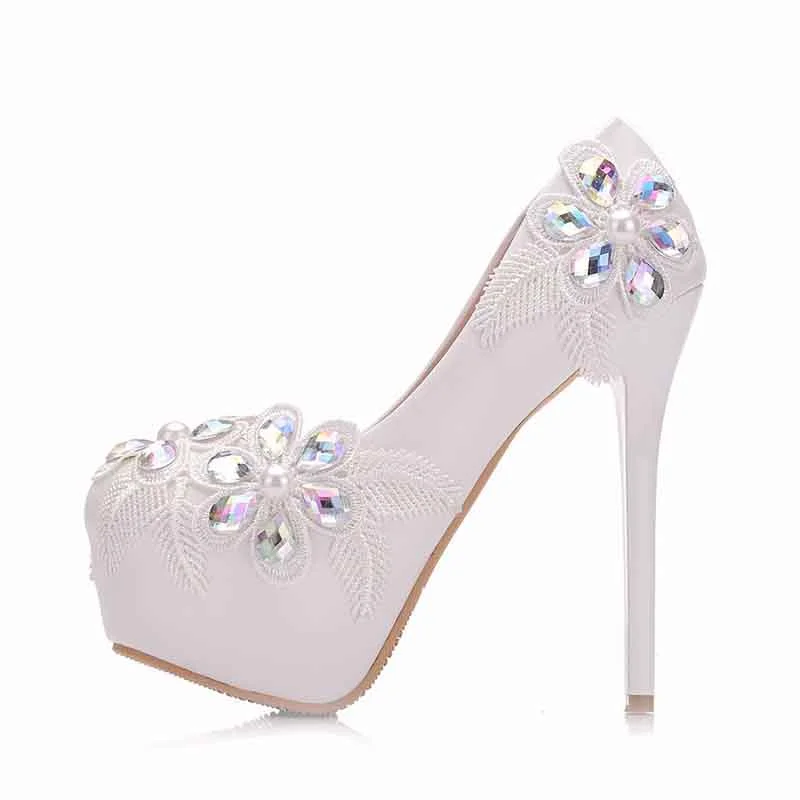 Women's Wedding Shoes Chunky Heel Lace Pumps with Rhinestone Bridal Shoes