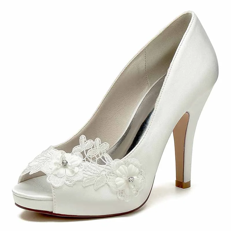 Women's Wedding Shoes Flower Lace Wedding Heels Bridal Shoes Party Satin Shoes