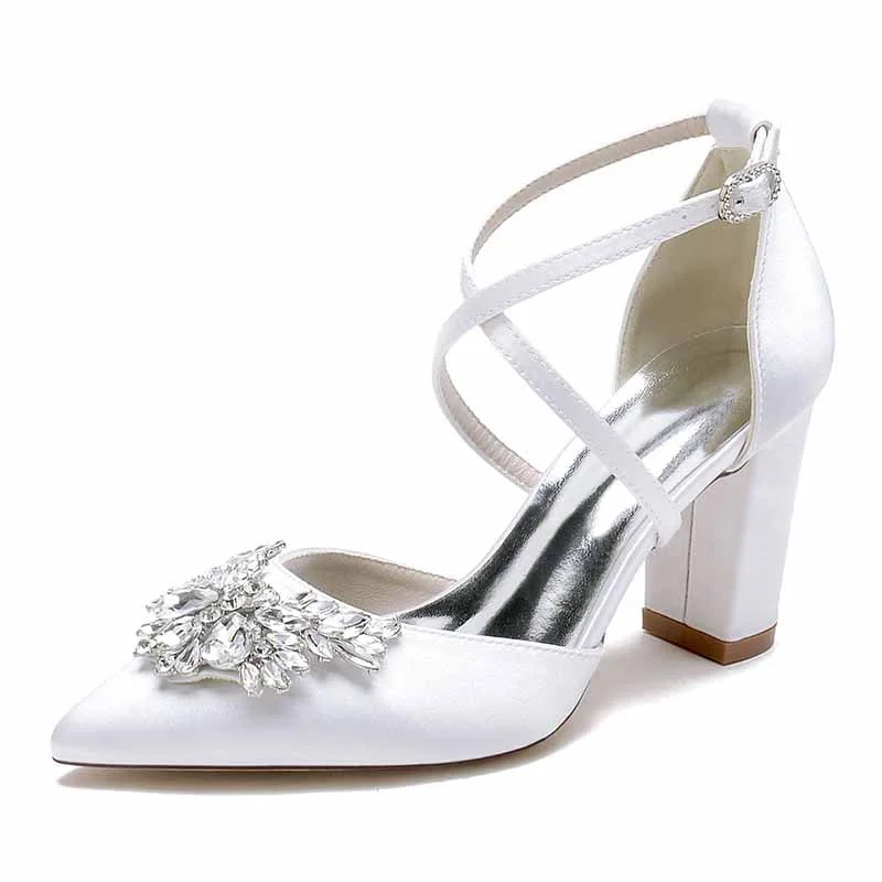 Women's Wedding Shoes Satin Block Heel Point Toe Wedding Heels Bridal Shoes Rhinestone Evening Shoes