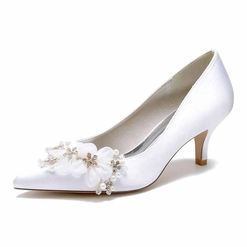 Women's Wedding Shoes Satin Kitten Heel Wedding Heels Bridal Shoes With Flower Pearl Rhinestone