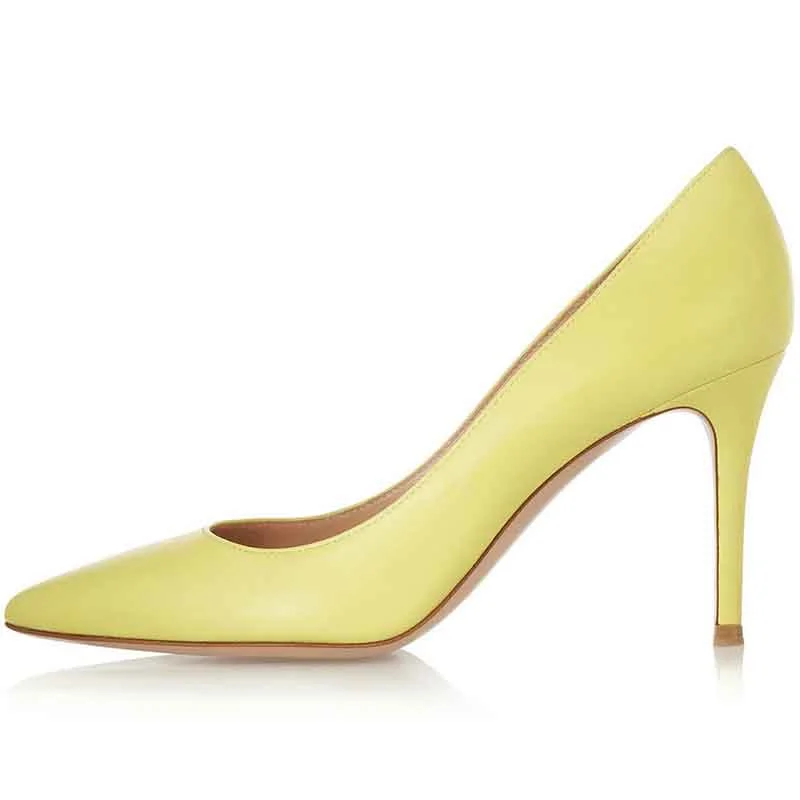 Yellow Heels Shoes for Women Closed Toe Leather Pumps---Comfortable Leather Pumps for Office and Everyday Wear