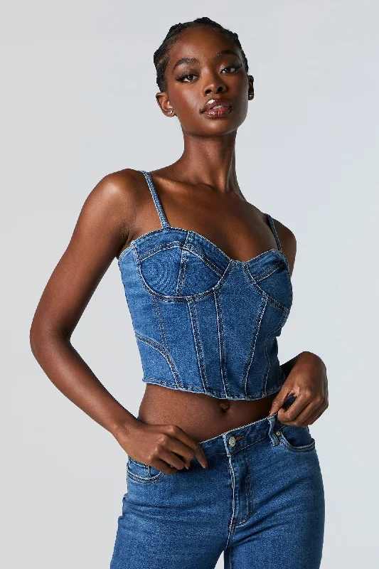 Women's dark wash denim tank top for evening wear -Denim Corset Tank