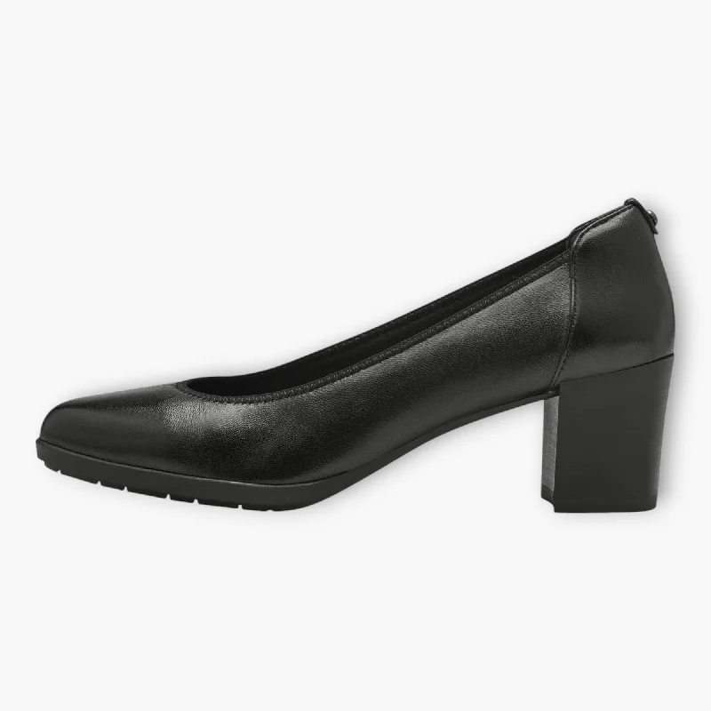 Tamaris Black Leather Court Shoe with Funnel Heel and Soft Footbed---Comfortable Leather Pumps for Office and Everyday Wear