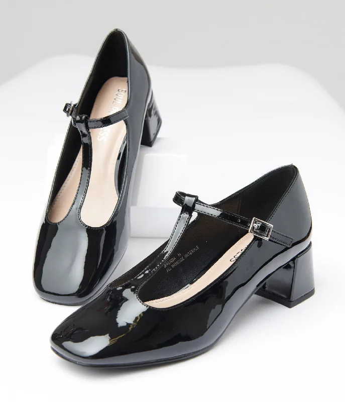 Sleek and Shiny Patent Pump Heels for a Polished Look--1920s Black Patent Leatherette T-Strap Heels