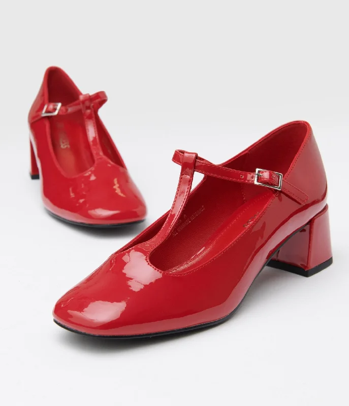 Sleek and Shiny Patent Pump Heels for a Polished Look--1920s Red Patent Leatherette T-Strap Heels