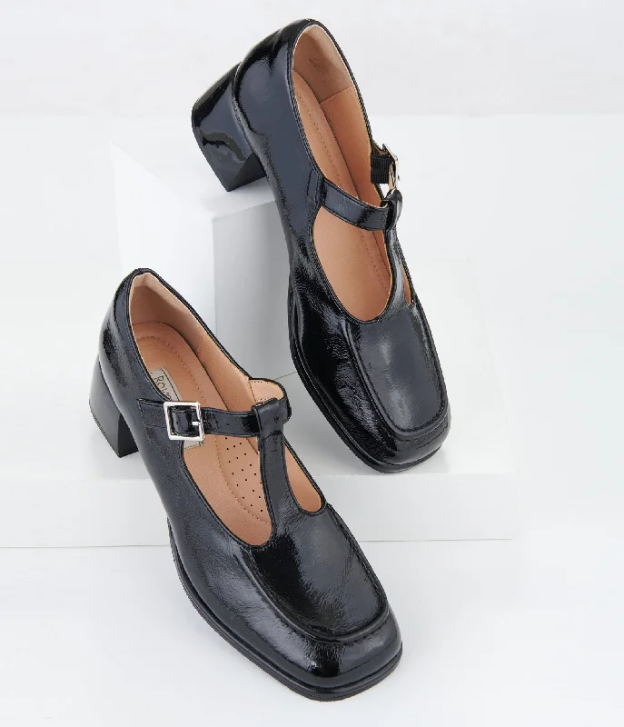 Sleek and Shiny Patent Pump Heels for a Polished Look--1950s Black Patent Leatherette Unforgettable Elizabeth Pumps