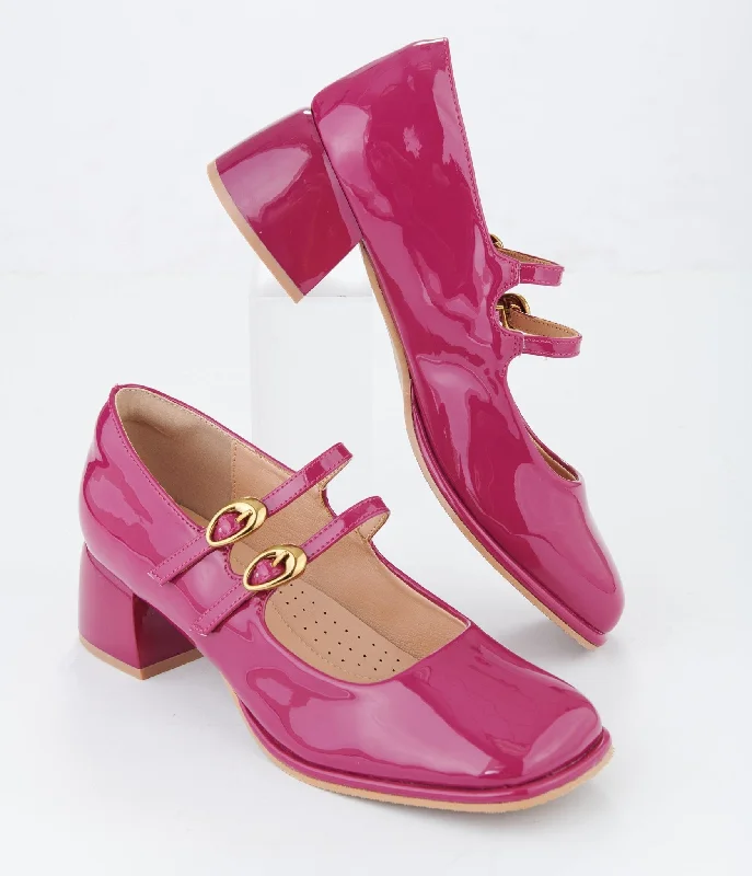 Sleek and Shiny Patent Pump Heels for a Polished Look--1960s Magenta Patent Leatherette Sweet Elizabeth Pumps