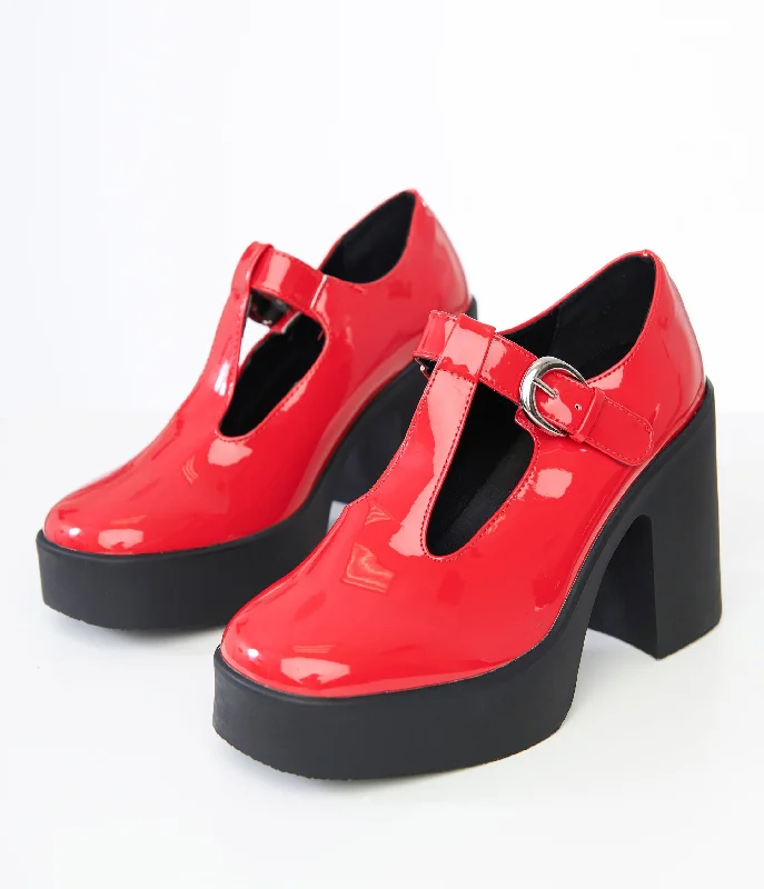 Sleek and Shiny Patent Pump Heels for a Polished Look--1990s Red Patent Leatherette T-Strap Platforms