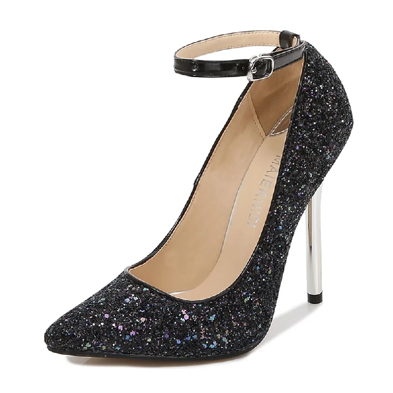 2022 fashionable summer shoes women 13 cm glitter stilettos big size pumps shoes female ankle strap shoes women---Trendy Glitter Heels for a Glamorous Look