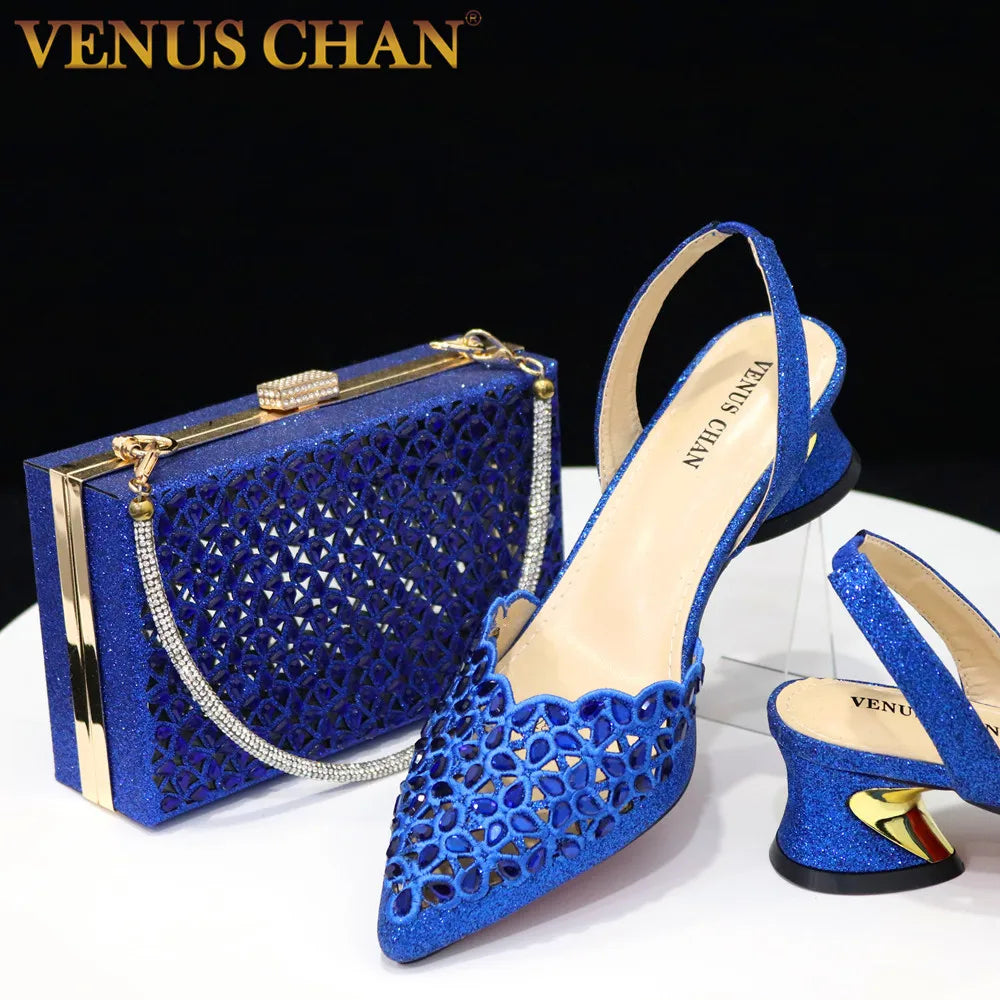 Trendy Chunky Heel Pumps for Casual Wear--Royal Blue Noble Three-Dimensional Bag With Elegant High Heels Shoes Italian