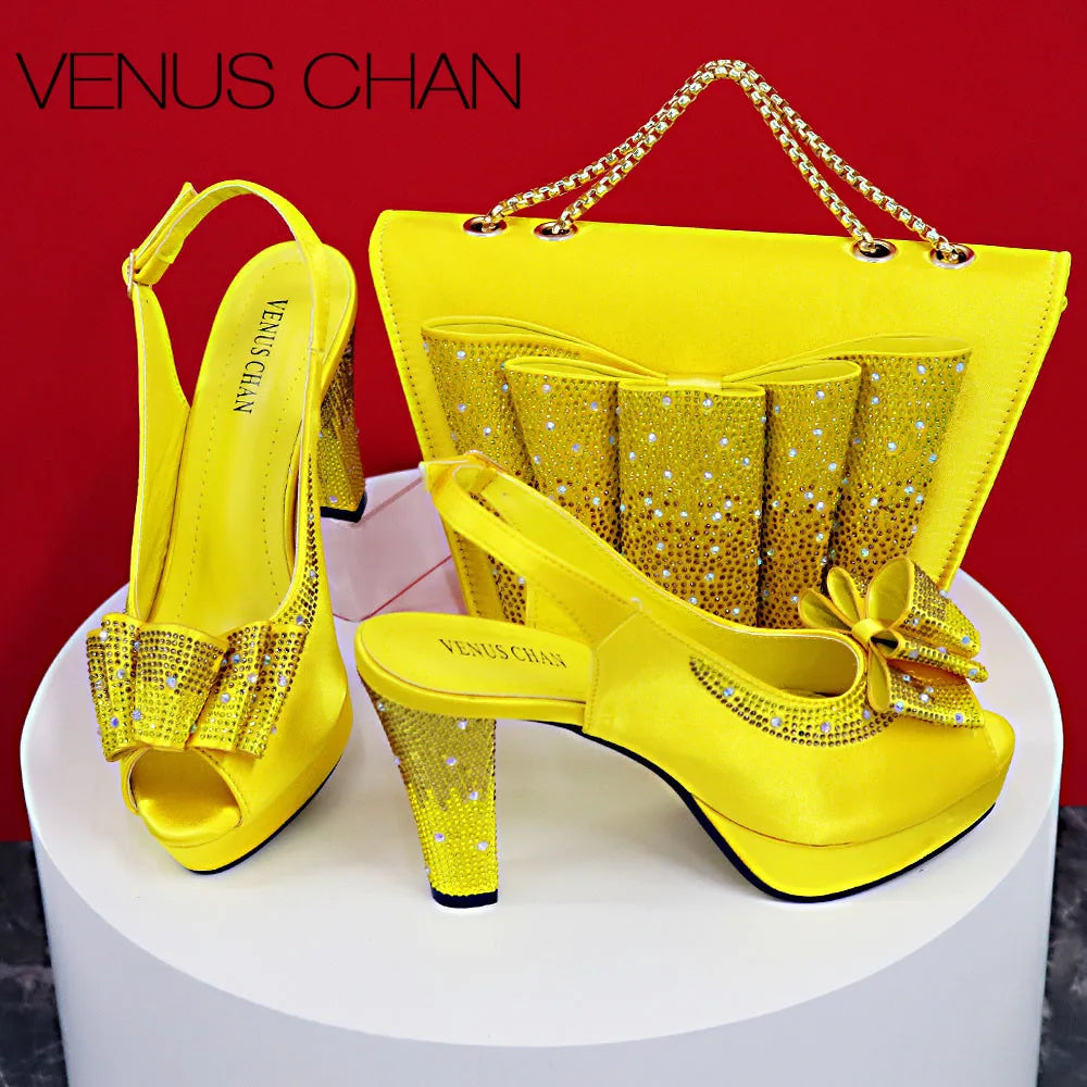 Yellow Color Fish Beaked Toe Cap Thin Heels Ladies Shoes Matching Bag Set