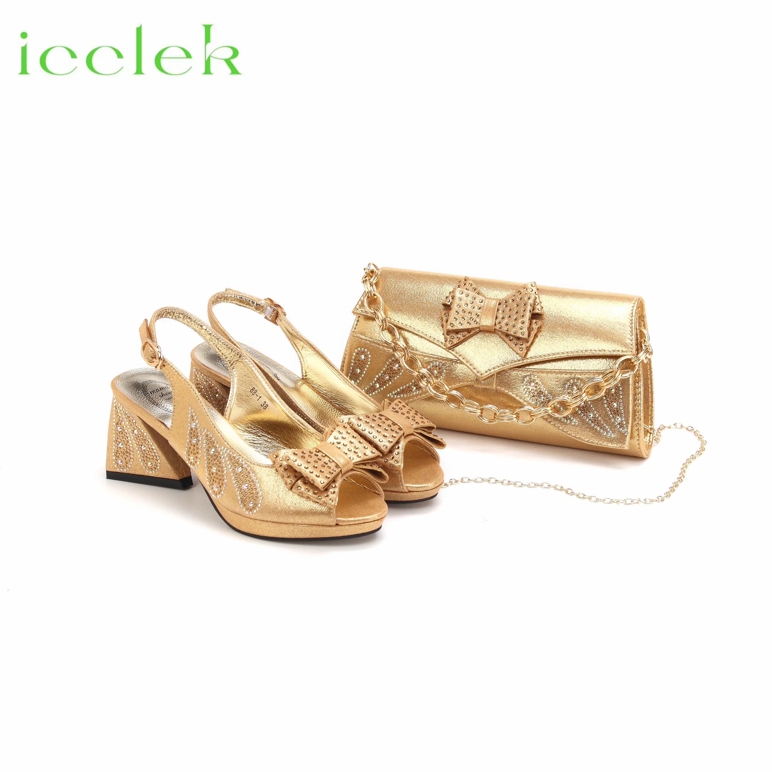 Gold Color Platform Design Peep Toe Ladies Shoes Matching Bag Set For Mature