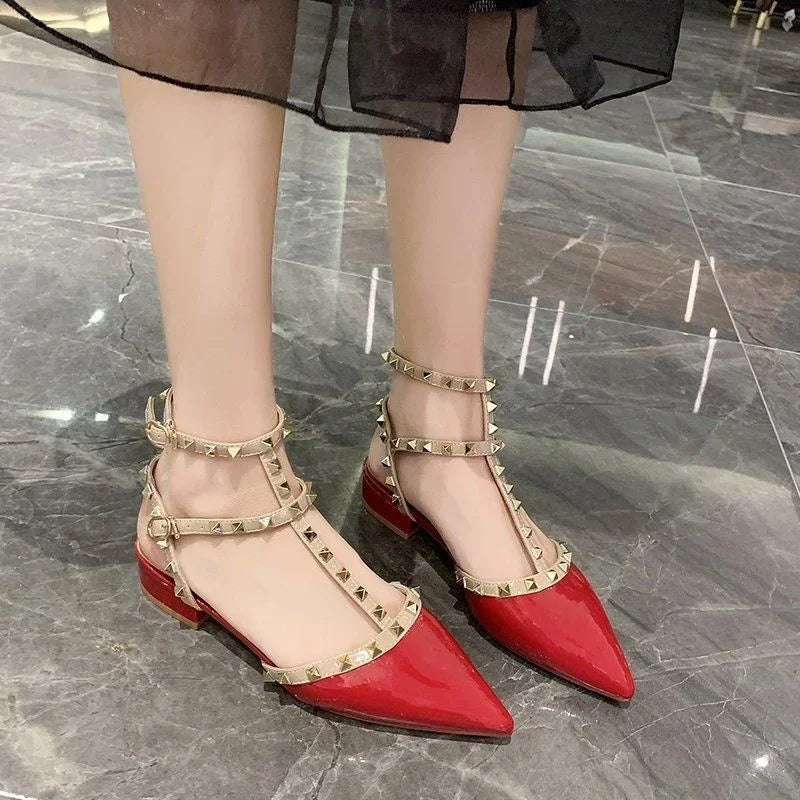 Stiletto Heel Pumps with Perfect Fit--Studded Low Heel Ladies Square Heel Pointed Toe Shoes Women-Fashionable & Classic