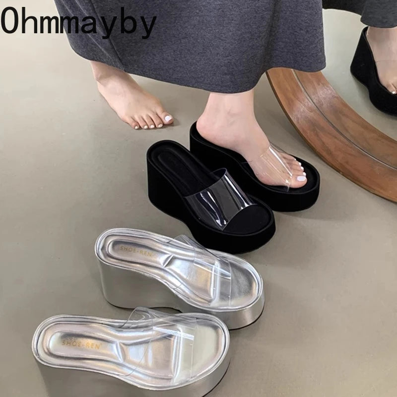 Stylish Platform Heels for Extra Height--Chunky Woman Slippers Fashion PVC Transparent Platform Wedges Heel