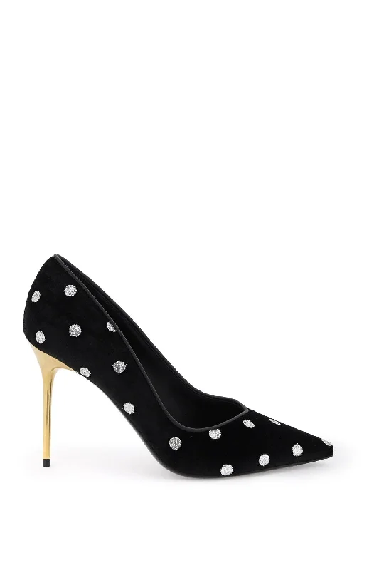 Luxurious Velvet Women's Pumps with Soft Finish---Polka Dot Velvet Pumps  - Black